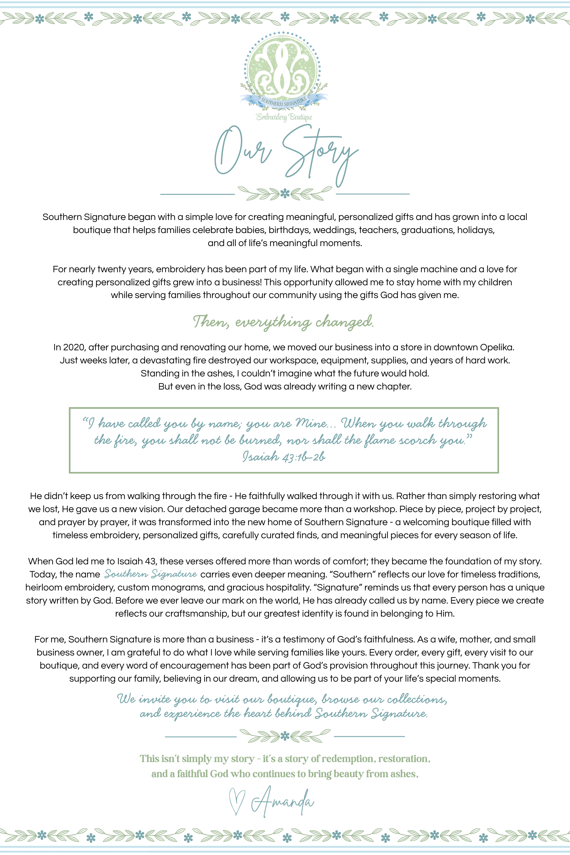 Southern Signature embroidery boutique brand story page with text and logo