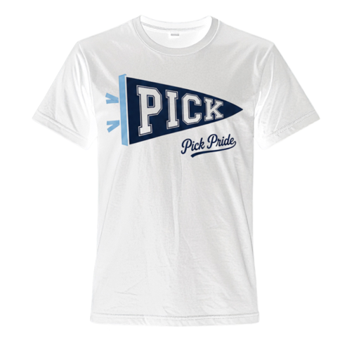 A white short-sleeve crewneck t-shirt featuring a navy blue and light blue graphic on the chest that reads 'PICK Pick Pride' with a pennant design. Below the shirt, a black arrow points upward with the text 'offered in short sleeve, long sleeve, hoodies'.