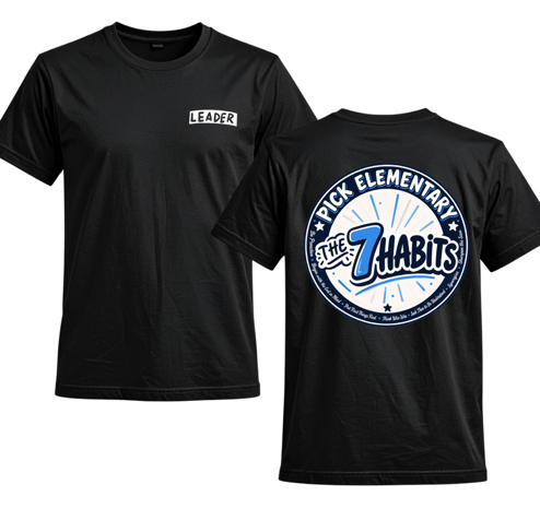 Two black short-sleeve t-shirts shown on a white background, with the front view on the left and back view on the right. The front shirt has a small white rectangular chest print reading LEADER.