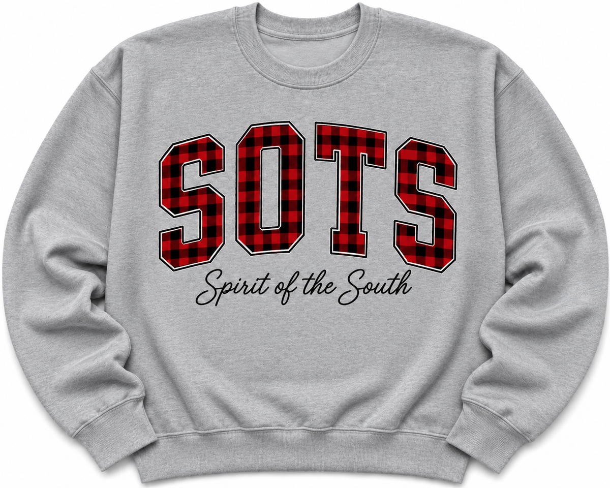 A light gray crewneck sweatshirt featuring a red and black buffalo plaid patterned 'SOTS' graphic with a thin white outline, and the phrase 'Spirit of the South' printed below in black cursive script.