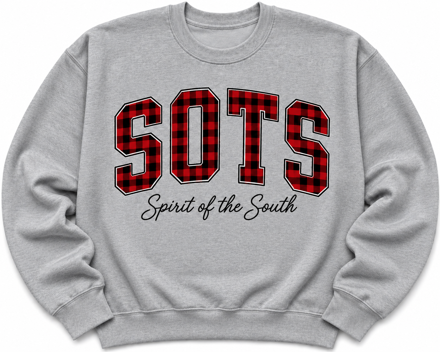 A light gray crewneck sweatshirt featuring a red and black buffalo plaid patterned 'SOTS' graphic with a thin white outline, and the phrase 'Spirit of the South' printed below in black cursive script.