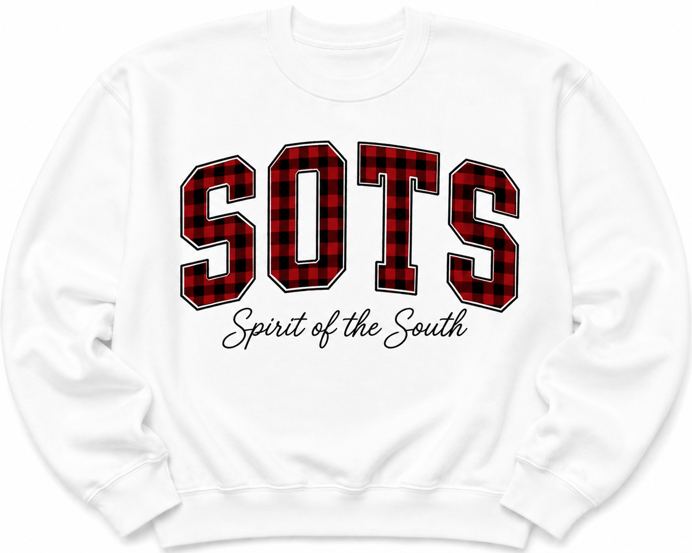 A white crewneck sweatshirt featuring a red and black buffalo plaid patterned 'SOTS' graphic with black outlines, and the phrase 'Spirit of the South' printed below in black script.