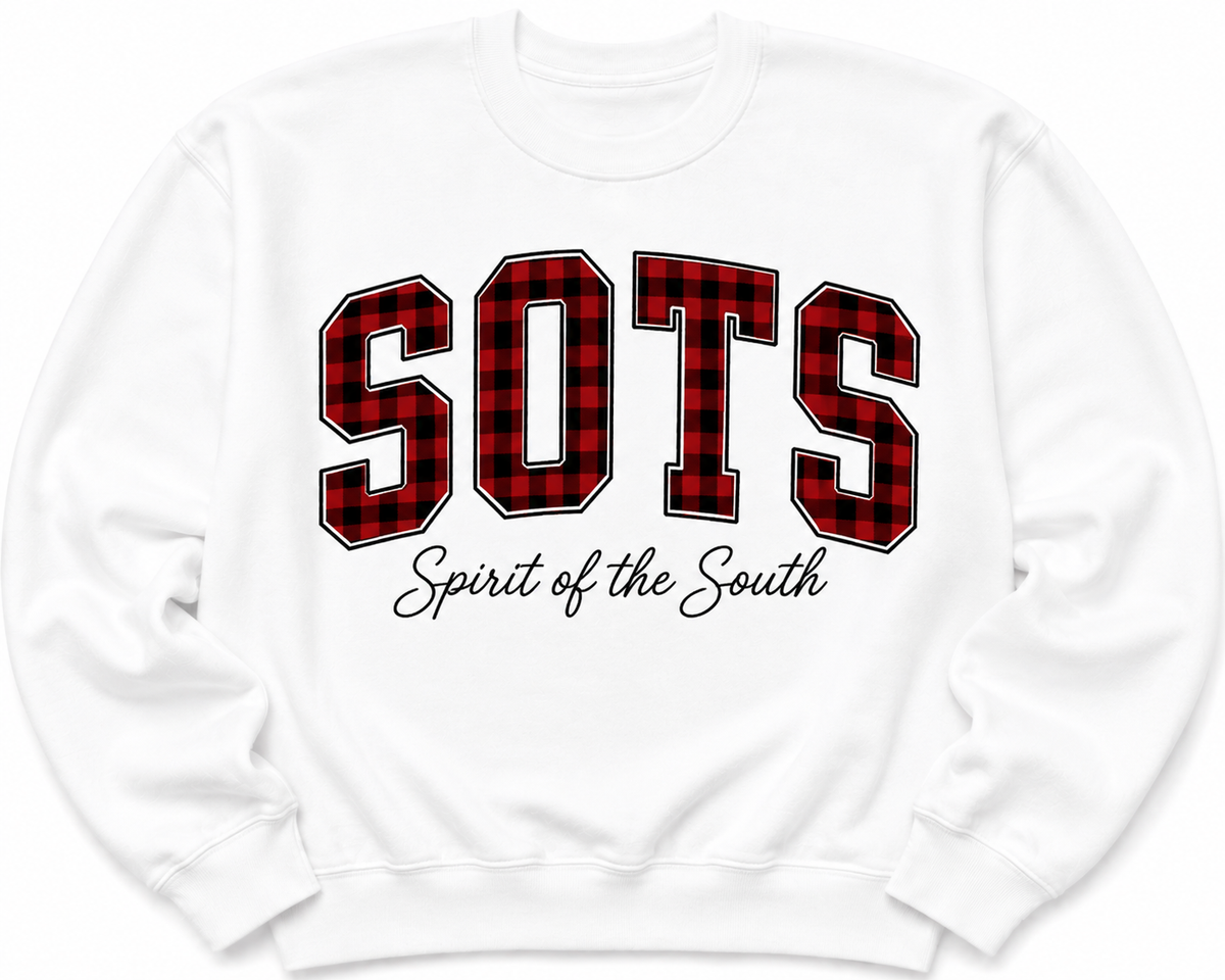 A white crewneck sweatshirt featuring a red and black buffalo plaid patterned 'SOTS' graphic with black outlines, and the phrase 'Spirit of the South' printed below in black script.