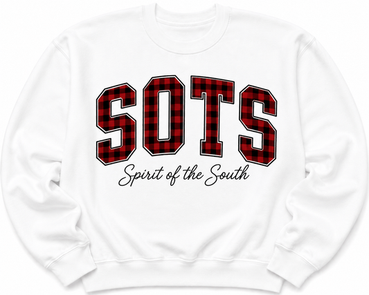 A white crewneck sweatshirt featuring a red and black buffalo plaid patterned 'SOTS' graphic with black outlines, and the phrase 'Spirit of the South' printed below in black script.