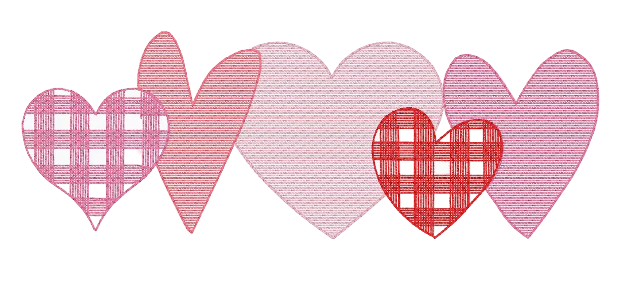 Five pink hearts with a red checkered heart in the center on a white background