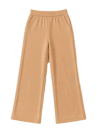 A pair of wide-leg cropped pants in a solid tan color, displayed flat against a clean off-white background.
