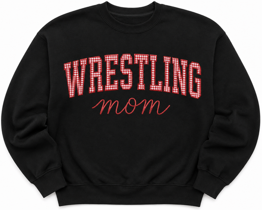 Black sweatshirt with red and white gingham block letters reading Wrestling and cursive red text reading mom