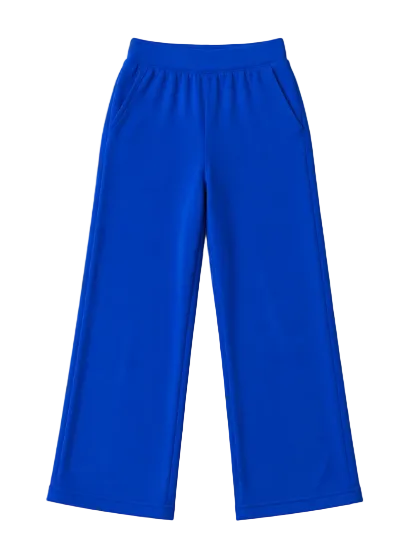 A pair of bright royal blue wide-leg cropped pants with an elastic waistband, displayed flat against a light beige background.