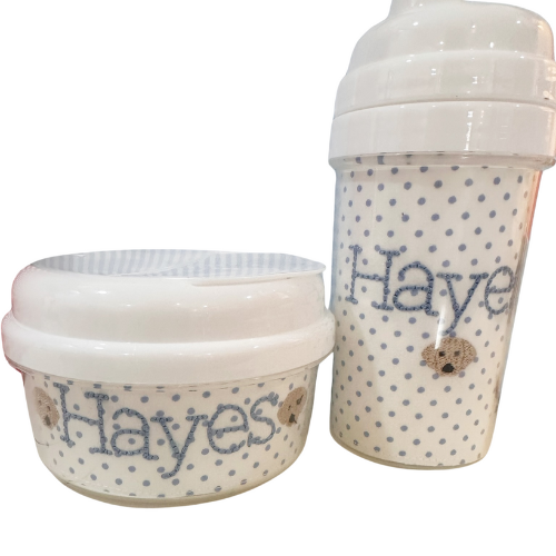 Baby bottle and bowl set with 'Hayes' branding on a white background