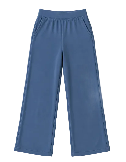 A pair of wide-leg cropped pants in a dusty slate blue color, laid flat against a light beige background.