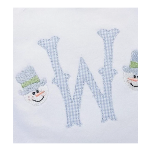 Embroidered fabric with letters 'N' and 'O' featuring snowman designs on a white background.