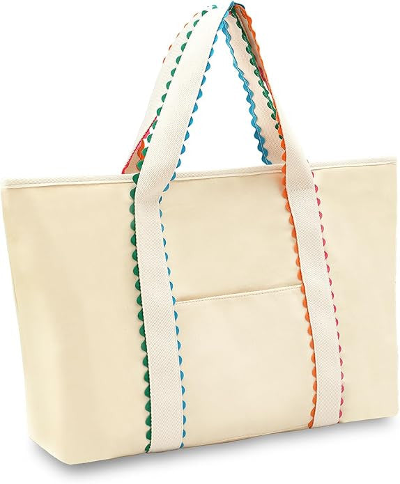 Beige tote bag with colorful striped handles on a white background