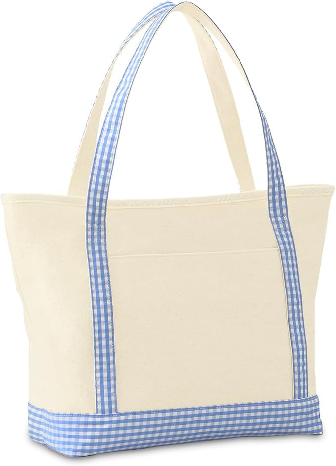 Beige tote bag with blue gingham trim on a white background