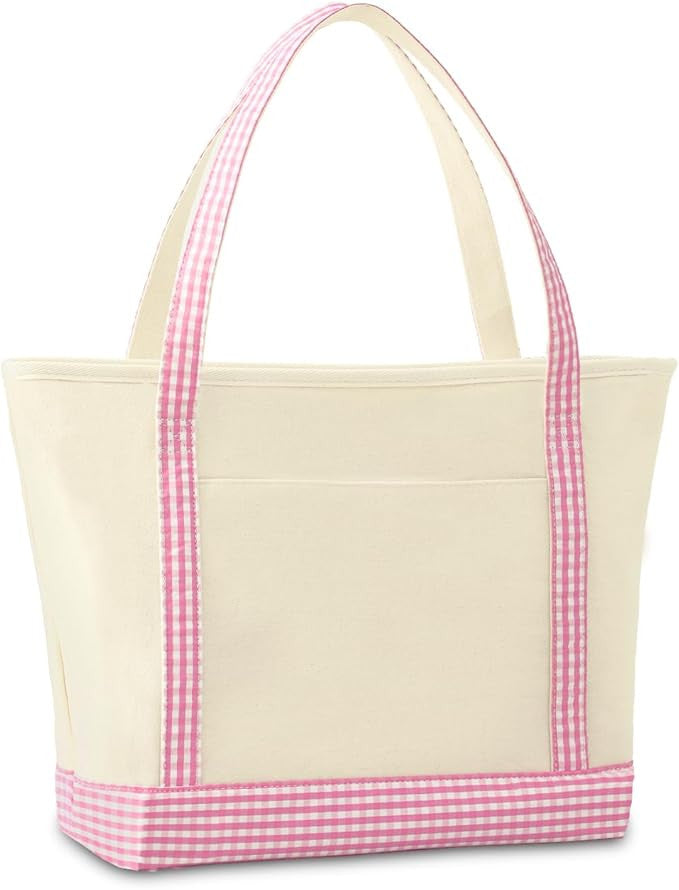 Beige tote bag with pink gingham trim on a white background