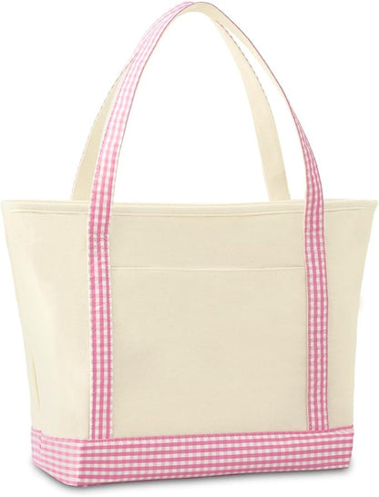 Beige tote bag with pink gingham trim on a white background