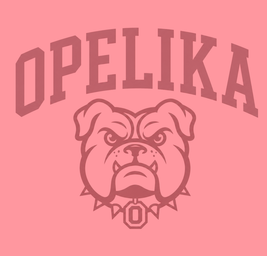Opelika text arched over a bulldog mascot graphic with a spiked collar