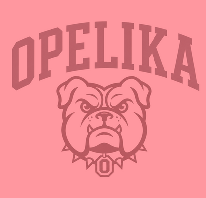 Opelika text arched over a bulldog mascot graphic with a spiked collar