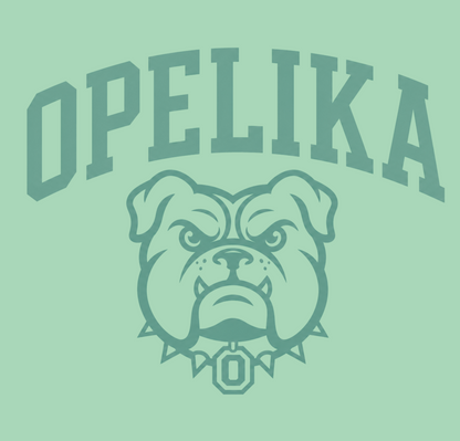Opelika text arched over a bulldog mascot graphic with a spiked collar