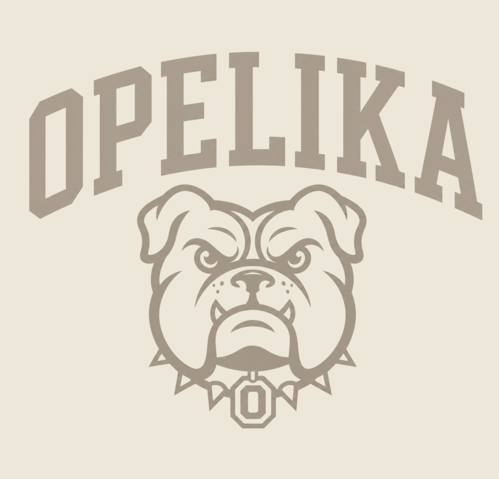 Opelika text arched over a bulldog mascot graphic with a spiked collar