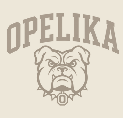 Opelika text arched over a bulldog mascot graphic with a spiked collar