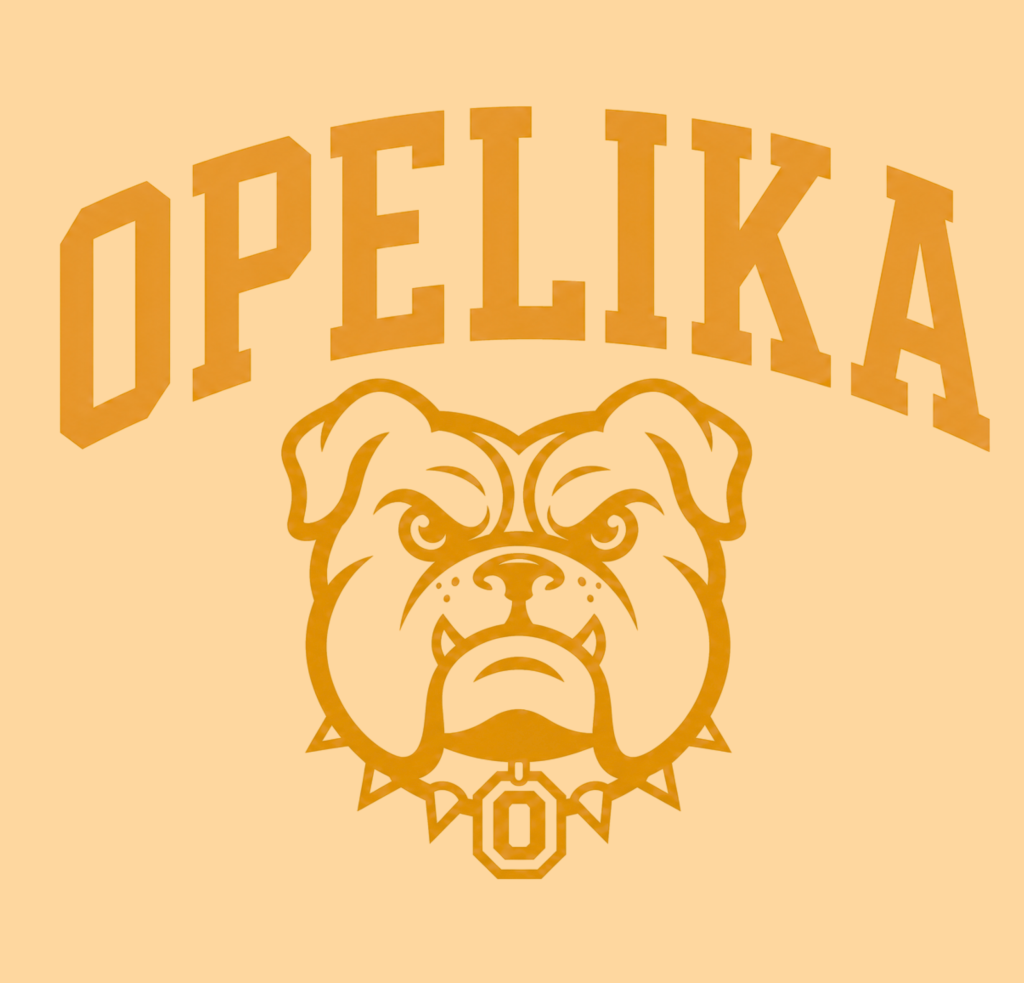 Opelika text arched over a bulldog mascot graphic with an O letter charm
