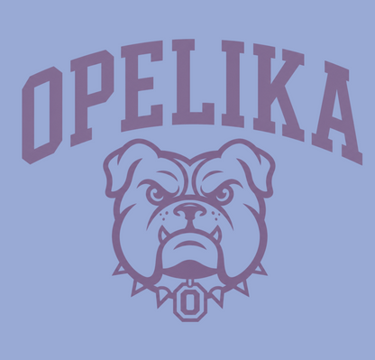 Opelika text arched over a bulldog mascot graphic wearing a spiked collar with an O pendant