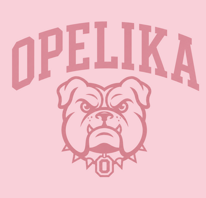 Opelika text with a bulldog mascot graphic