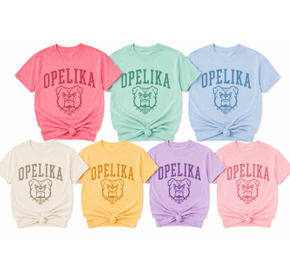 Seven Morris Avenue Design t-shirts in various pastel colors with Opelika and bulldog graphic