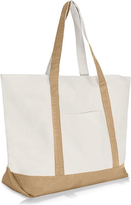 white canvas tote with tan handles and trim