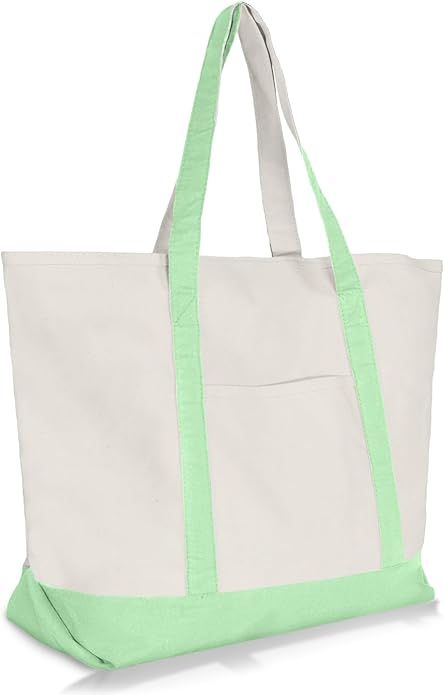 white canvas tote with mint handles and trim