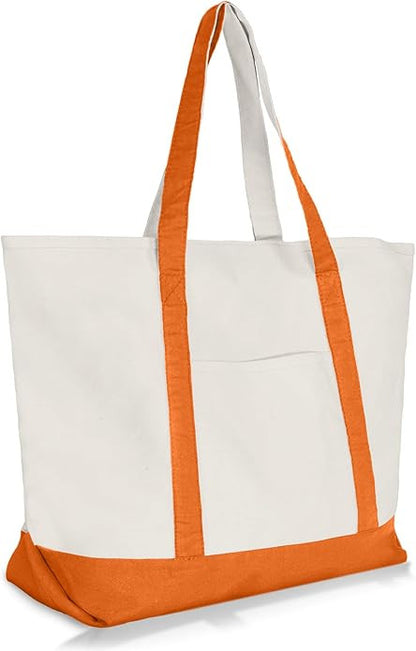white canvas tote with orange handles and trim