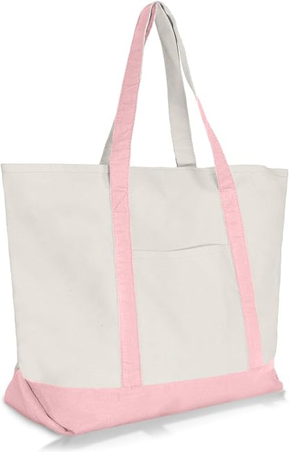 A white cotton canvas tote bag with black trim and a zippered closure at the top.
