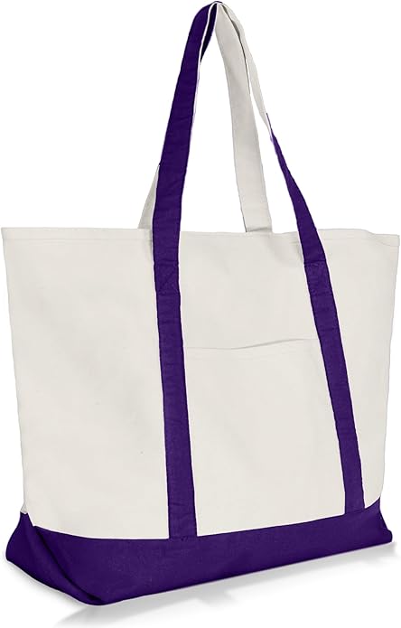 white canvas tote with purple handles and trim