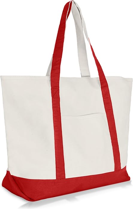 white canvas tote with red handles and trim