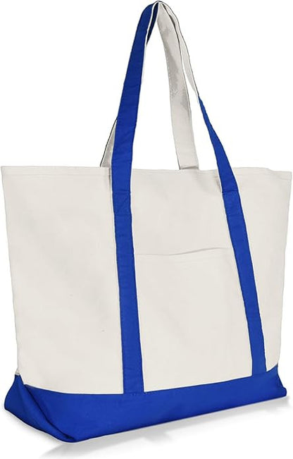 white canvas tote with royal blue handles and trim